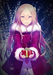  coat flower gift guilty_crown hair_flower hair_ornament highres holding holding_gift long_hair ouma_mana outstretched_arms pink_hair purple_eyes redjuice smile solo 