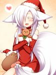  aika_(konshin) animal_ears artist_self-insert closed_eyes fictional_persona fox_ears fox_tail hat heart konshin original santa_costume santa_hat solo stuffed_animal stuffed_toy tail teddy_bear white_hair 