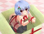  bat_wings bdsm black_legwear blue_hair blush bondage bound bound_wrists box from_above fujieda_uzuki hair_ornament in_box in_container naked_ribbon nude red_eyes remilia_scarlet ribbon ribbon_bondage short_hair sitting solo thighhighs touhou wariza wings 