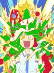  abacus aura bad_id bad_pixiv_id bell boots candle check_translation christmas christmas_tree crazy_eyes desaku detached_sleeves epic_hair fire flame gift green_hair hair_ornament hair_tubes highres jingle_bell kochiya_sanae long_hair no_nose open_mouth ribbon solo star symbol-shaped_pupils tanzaku teeth touhou translated translation_request yellow_eyes 