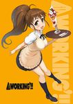  :d apron bad_id bad_pixiv_id black_legwear blush breasts brown_eyes brown_hair copyright_name english food heart heart_in_mouth ice_cream kneehighs large_breasts loafers ookuma_(nitroplus) open_mouth parfait ponytail ribbon shoes smile solo spoon sundae taneshima_popura text_focus tray uniform waitress working!! 