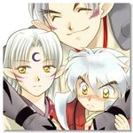  animal_ears blush brothers closed_eyes dog_ears facial_mark family father_and_son hattori_min hug inu_no_taishou inuyasha inuyasha_(character) looking_away lowres male_focus multiple_boys pointy_ears sesshoumaru siblings smile white_hair yellow_eyes younger 