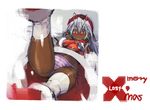  antenna_hair bare_shoulders blush boots christmas christmas_elf covered_nipples dark_elf dark_skin elf embarrassed flat_chest fur_trim gloves hat leg_up lying merry_christmas namaniku_atk navel on_back orange_eyes panties pointy_ears sansei_muramasa santa_boots santa_costume side-tie_panties silver_hair solo soukou_akki_muramasa striped striped_panties thighhighs underwear upskirt white_legwear 