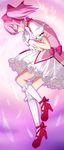  bubble_skirt closed_eyes frills gloves high_heels highres kaname_madoka magical_girl mahou_shoujo_madoka_magica neck_ribbon parody pink_background pink_hair ribbon shoes short_hair skirt solo sorairo_days souki_lankni tengen_toppa_gurren_lagann white_gloves 