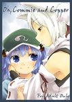  animal_ears armpits blue_eyes blue_hair border cover cover_page detached_sleeves face hair_bobbles hair_ornament hand_on_another's_cheek hand_on_another's_face hat inubashiri_momiji kawashiro_nitori multiple_girls profile silver_hair smile touhou two_side_up wolf_ears yellow_eyes yudepii 