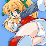  blonde_hair bow clenched_hand clothes_writing girutaabo green_eyes hair_bow long_hair looking_at_viewer lowres oekaki open_mouth panties rockman rockman_(classic) solo underwear 