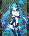  aqua_hair background_text between_breasts blue_eyes breasts bridal_gauntlets center_opening colorized hatsune_miku hatsune_miku_(append) highres langjiao long_hair navel necktie reika_(clovia_studio) solo thighhighs twintails very_long_hair vocaloid vocaloid_append 