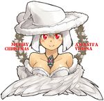  1girl amanita_virosa angel_wings bare_shoulders blush breasts cleavage collarbone fur_trim hat jewelry medium_breasts merry_christmas oso-teki_kinoko_gijinka_zukan oso_(toolate) pendant personification red_eyes short_hair smile solo white_hair wings wreath 