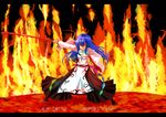  adapted_costume blue_hair fire hakama highres hinanawi_tenshi japanese_clothes judo_fuu letterboxed long_hair red_eyes solo sword touhou translated weapon 