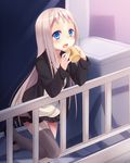  bad_id bad_pixiv_id blue_eyes blush dress highres itou_nanami long_hair original sagiko solo striped striped_legwear thighhighs vertical-striped_legwear vertical_stripes white_hair zettai_ryouiki 