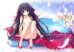  black_hair blue_eyes blush breasts candle couch feathers high_heels large_breasts legs long_hair mizusawa_mimori nipples nude original red_footwear shoes sitting smile solo very_long_hair 