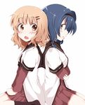  :o blue_hair blush brown_eyes brown_hair chata_maru_(irori_sabou) dress furutani_himawari hair_ornament hairband hairclip long_sleeves multiple_girls nanamori_school_uniform oomuro_sakurako sailor_dress school_uniform serafuku short_over_long_sleeves short_sleeves simple_background white_background yuru_yuri 