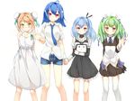  acfun acfun_girl ahoge aqua_hair bare_shoulders bili_girl_22 bili_girl_33 bilibili_douga blue_hair blush brown_hair bun_cover cu_(fsy84738368) double_bun dress green_dam green_hair hair_bun hair_ribbon highres holding_hands long_hair mascot multiple_girls necktie os-tan personification red_eyes ribbon short_hair simple_background skirt television twintails waving white_background yellow_eyes 