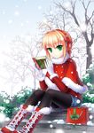  ahoge artoria_pendragon_(all) bag beats_by_dr._dre black_legwear blonde_hair boots capelet cd_case christmas coat fate/stay_night fate/zero fate_(series) full_body gloves green_eyes hair_ribbon hat headphones legwear_under_shorts mao_a_mi_mi pantyhose ribbon saber santa_costume santa_hat short_hair shorts sitting smile snow snowing solo tree white_gloves winter 