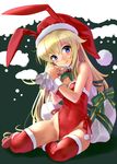  animal_ears bare_shoulders blonde_hair blue_eyes blush breasts bunny_ears bunny_girl bunnysuit cleavage detached_collar full_body fur_trim hat highleg katahira_masashi leotard long_hair looking_at_viewer original red_legwear red_leotard sack santa_costume santa_hat side-tie_leotard sitting small_breasts smile solo thighhighs wrist_cuffs yokozuwari 