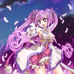 2011 :o aisha_(elsword) breasts cleavage_cutout covered_nipples dated dimension_witch_(elsword) dress ecell elsword gloves long_hair magic_circle medium_breasts open_mouth panties purple_background purple_eyes purple_hair purple_skirt skirt solo staff star twintails underwear white_panties 