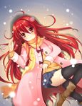  coat highres long_hair lying qiuzhi_huiyi red_eyes red_hair scarf shakugan_no_shana shana snow solo thighhighs 