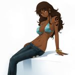  1girl bikini_top bracelet breasts brown_eyes brown_hair dark_skin earrings hairu jewelry large_breasts long_hair nami nami_(one_piece) navel one_piece photoshop sitting solo tattoo 