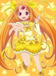  boots bow brooch bubble_skirt choker circlet cure_muse_(yellow) frills hair_ribbon heart highres jewelry knee_boots long_hair magical_girl orange_background orange_hair outstretched_hand pikuharu precure red_eyes ribbon shirabe_ako skirt smile solo star starry_background suite_precure yellow yellow_bow yellow_choker yellow_skirt 