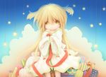  1girl bare_shoulders blonde_hair child cloud collarbone dress gift highres long_hair manahui messy_hair no_nose original present smile solo star yellow_eyes 
