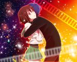  1girl blazer blue_hair brown_eyes brown_hair couple hetero hug jacket mawaru_penguindrum oginome_ringo raki_(kuroe) school_uniform serafuku short_hair takakura_shouma tears 