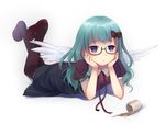  aqua_hair bad_id bad_pixiv_id black_legwear blue_eyes bow cup feathered_wings frown full_body glasses hair_bow hands_on_own_face itou_nanami looking_at_viewer lying on_stomach original pantyhose ribbon shoes simple_background solo spill white_background white_wings wings 