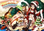  1girl :d animal_costume aqua_eyes argyle bell blonde_hair boots brown_hair candy candy_cane cat cat_food choker christmas_tree elbow_gloves food glasses gloves hat holding holding_star looking_at_viewer merry_christmas open_mouth original rainbow red_gloves reindeer_costume sack saiyki santa_hat sitting smile snowman star 