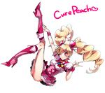  \m/ boots bow character_name choker cure_peach drill_hair fresh_precure! hair_ornament heart heart_hair_ornament high_heels knee_boots magical_girl momozono_love nakagawa_waka one_eye_closed pink_bow pink_choker pink_footwear precure shoes solo twintails white_background 