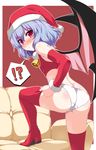  absurdres ass bat_wings bell blue_hair blush boots busuneko detached_sleeves highres looking_back no_pants panties red_eyes remilia_scarlet santa_costume solo thigh_boots thighhighs touhou underwear wings 