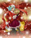  alternate_costume blue_eyes blue_hair boots bow christmas closed_eyes couple dress front_ponytail green_hair hair_bobbles hair_bow hair_ornament hair_ribbon hat highres kagiyama_hina kawashiro_nitori light_particles long_hair mayuma_yumeko multiple_girls red_dress ribbon santa_costume santa_hat short_hair smile touhou two_side_up yuri 