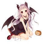  arm_support bad_id bad_pixiv_id bare_shoulders blush chain collar demon_girl demon_horns dress horns itou_nanami kneeling leaning_forward leash long_hair looking_at_viewer original pointy_ears pumpkin purple_eyes purple_hair sitting solo strap_slip v_arms wariza white_background wings 