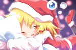  ayakashi_(monkeypanch) bad_id bad_pixiv_id blonde_hair blush hair_ribbon hat leg_up lights lying moriya_suwako on_stomach one_eye_closed open_mouth pantyhose pillow pillow_hug ribbon santa_costume santa_hat shirt skirt skirt_set smile solo touhou yellow_eyes 