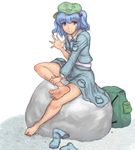  arm_up backpack bag bare_legs barefoot blue_eyes blue_footwear blue_hair blush boots boots_removed boulder crossed_legs feet grin hair_bobbles hair_ornament hat highres kawashiro_nitori kuro_suto_sukii rubber_boots shoes_removed short_hair sitting skirt smile soles solo toes touhou two_side_up waving 