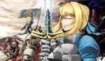  6+boys ahoge armor artoria_pendragon_(all) battle berserker_(fate/zero) blonde_hair caliburn dress emerane excalibur fate/stay_night fate/zero fate_(series) full_armor gauntlets hair_ribbon knight multiple_boys ribbon saber sword tears weapon 