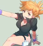  bad_deviantart_id bad_id bare_legs black_shirt bottomless breasts brown_eyes cleavage eyebrows_visible_through_hair genderswap genderswap_(mtf) jewelry large_breasts naked_shirt naso4 necklace no_panties ookido_green orange_hair outstretched_arm pokemon pokemon_(game) pokemon_frlg shadow shirt short_hair simple_background sitting solo thigh_strap wristband 