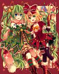  bare_shoulders blonde_hair blue_eyes boots bow choker christmas cross detached_sleeves dress elbow_gloves fingerless_gloves frills garter_straps garters gloves green_eyes green_hair hair_bow hair_ornament hair_ribbon hairclip hatsune_miku jewelry kagamine_rin knee_boots kneehighs long_hair multiple_girls necklace open_mouth ribbon runako scarf snowman sparkle striped striped_legwear thighhighs twintails very_long_hair vocaloid 