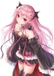  1girl bare_shoulders black_dress black_legwear black_sleeves closed_mouth commentary_request criss-cross_halter detached_sleeves dress fang fang_out frilled_sleeves frills hair_ornament halterneck highres juliet_sleeves krul_tepes long_hair long_sleeves looking_at_viewer owari_no_seraph pink_hair pointy_ears puffy_sleeves red_eyes seungju_lee simple_background sleeveless sleeveless_dress sleeves_past_fingers sleeves_past_wrists smile solo thighhighs very_long_hair white_background wide_sleeves 