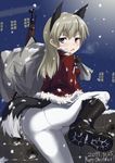  animal_ears bad_id bad_pixiv_id bag belt blue_eyes boots bullet bullet_hole christmas dakku_(ogitsune) dated eila_ilmatar_juutilainen fox_ears from_behind grey_hair gun long_hair looking_back merry_christmas open_mouth over_shoulder pantyhose rifle snow solo strike_witches tail weapon white_legwear world_witches_series 