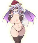  bat_wings belly black_legwear blue_hair breasts condom condom_in_mouth copyright_request cum curvy fuyu hat hips huge_breasts long_hair mouth_hold navel nipples plump puffy_nipples raised_eyebrows red_eyes santa_hat solo thick_thighs thighhighs thighs wide_hips wings 