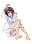  arms_up bad_id bad_pixiv_id bandages barefoot black_hair blue_eyes feet itou_nanami legs no_pants original panties short_hair simple_background sitting solo striped striped_panties toes underwear white_background 