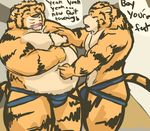  belly chubby dialog dialogue duo embarrassed feline fundoshi fur galvinwolf jockstrap loincloth male mammal orange orange_fur overweight poke text tiger underwear 