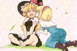  alice_margatroid bad_id bad_pixiv_id barefoot blonde_hair blue_eyes blush boots eye_contact fang feet hands_on_lap hat highres indian_style injury kariinu kirisame_marisa kneeling looking_at_another multiple_girls sitting soles sweatdrop toes touhou v_arms wince wiping witch_hat yellow_eyes yuri 