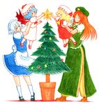  :3 :d ^_^ acrylic_paint_(medium) apron ascot bat_wings blonde_hair blue_dress blue_eyes blue_hair blush bow braid carrying child china_dress chinese_clothes christmas christmas_tree closed_eyes colored_pencil_(medium) dress flandre_scarlet green_dress green_eyes happy hat hat_bow highres hong_meiling izayoi_sakuya kneehighs maid maid_headdress mary_janes multiple_girls open_mouth pants pants_under_dress red_eyes red_hair remilia_scarlet shoes side_ponytail side_slit skirt skirt_set smile star terrajin touhou traditional_media twin_braids v-shaped_eyebrows waist_apron white_hair wings 