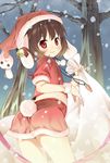  animal_ears bell brown_hair bunny_ears bunny_tail carrot hat inaba_tewi niji_sugi red_eyes sack santa_costume santa_hat short_hair smile snow solo tail touhou tree 