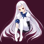  bad_id bad_pixiv_id blush itou_nanami long_hair looking_at_viewer original pantyhose pleated_skirt red_eyes ribbon silver_hair simple_background sitting skirt smile solo very_long_hair white_legwear 