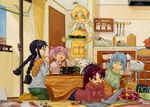  acrylic_paint_(medium) akemi_homura alternate_costume apron bad_id bad_pixiv_id bag black_hair blonde_hair blue_eyes blue_hair bow braid casual colored_pencil_(medium) controller denim dress_shirt drill_hair everyone food game_console game_controller glasses hair_bow happy indoors kaname_madoka kotatsu kyubey living_room long_hair lying mahou_shoujo_madoka_magica manuke0726 miki_sayaka mouth_hold multiple_girls newspaper on_stomach open_mouth orange_legwear pantyhose pink pink_eyes pocky ponytail purple_eyes red_eyes red_hair sakura_kyouko school_bag shawl shirt sitting sleeves_rolled_up smile standing striped striped_shirt sweater_vest table tomoe_mami traditional_media tray twin_braids twin_drills twintails under_kotatsu under_table wii wii_remote yellow_eyes 