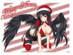  all_fours alternate_hair_length alternate_hairstyle bikini_top black_hair black_wings boots breasts christmas cleavage gmot hat highres kneeling large_breasts long_hair looking_at_viewer merry_christmas midriff red_eyes santa_boots santa_costume santa_hat shameimaru_aya skirt solo thigh_boots thighhighs tongue touhou wings 