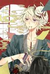  blonde_hair fox_mask iris_(riba) ivan_karelin japanese_clothes katana kimono male_focus mask purple_eyes smoke solo string sword tiger_&amp;_bunny weapon 