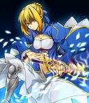  ahoge aqua_eyes artoria_pendragon_(all) bad_id bad_pixiv_id blonde_hair blue_eyes dress excalibur fate/stay_night fate_(series) feathers gauntlets greaves hair_ribbon invisible_air nashimura ribbon saber solo sword weapon 