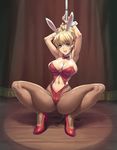  animal_ears armpits arms_up blonde_hair blue_eyes breasts bunny_ears bunnysuit cleavage excellen_browning fishnet_pantyhose fishnets high_heels highres large_breasts legs leotard long_hair nipple_slip nipples pantyhose pole_dancing ponytail red_leotard shoes smile solo speh spread_legs squatting stripper_pole super_robot_wars thick_thighs thighs unmoving_pattern 